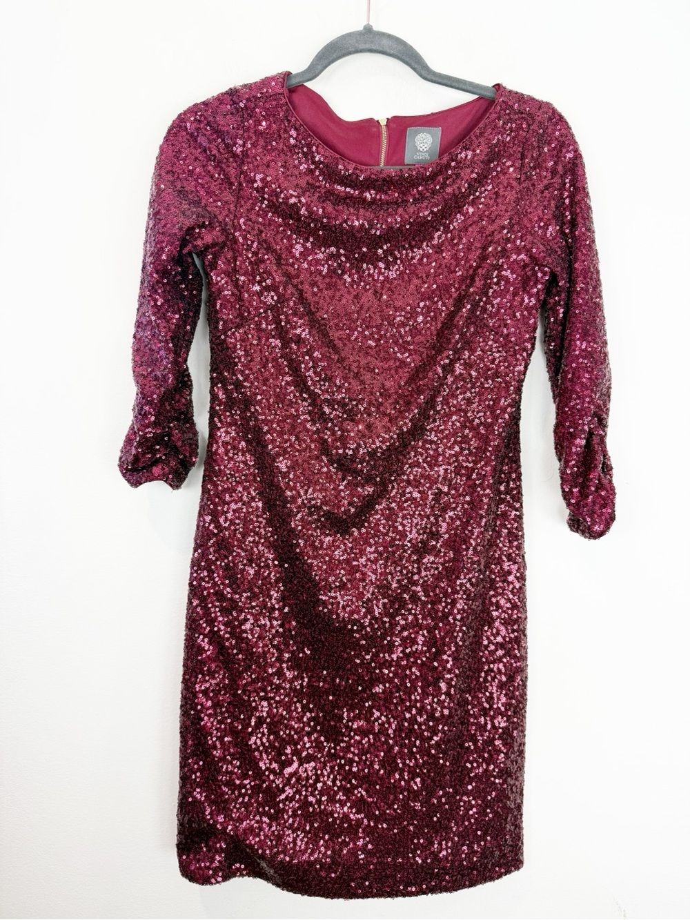 Vince Camuto Size 2 Burgundy Sequin Cocktail Dress 3/4 Sleeve Holiday Party